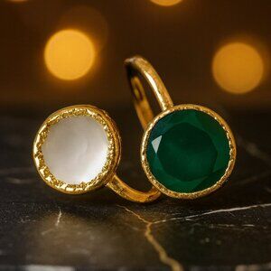 🆕️Turkish Artisan Genuine Emerald & Glass Pearl Adjustable Ring 18K Gold Plated